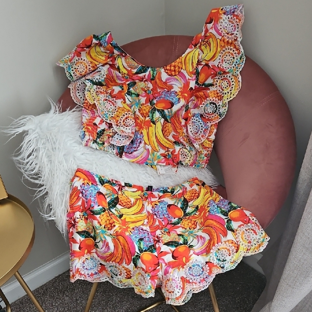 NWT Aqua Vibrant Fruit and Floral Blouse 2 piece outfit - Picture 2 of 8
